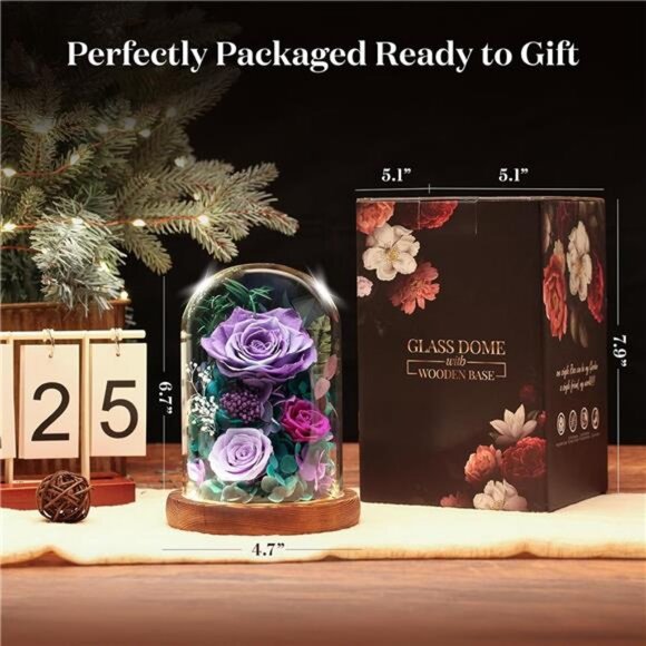 Forever Fresh Rose Flower Bouquet in Glass Dome, Preserved Purple Flowers - Picture 6 of 7